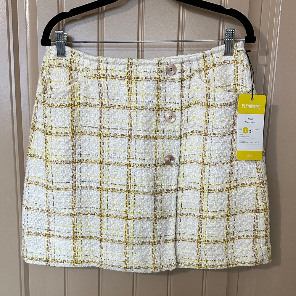 CAbi Cream and Yellow Plaid Tweed A-Line Skirt Playground Coco Skirt size 8 New!